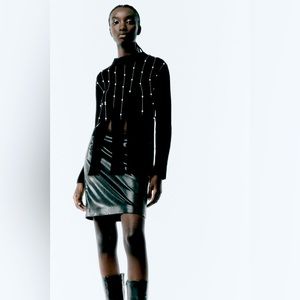 ZARA FRINGED PEARL KNIT SWEATER SIZE S NEW WITH TAGS BLACK